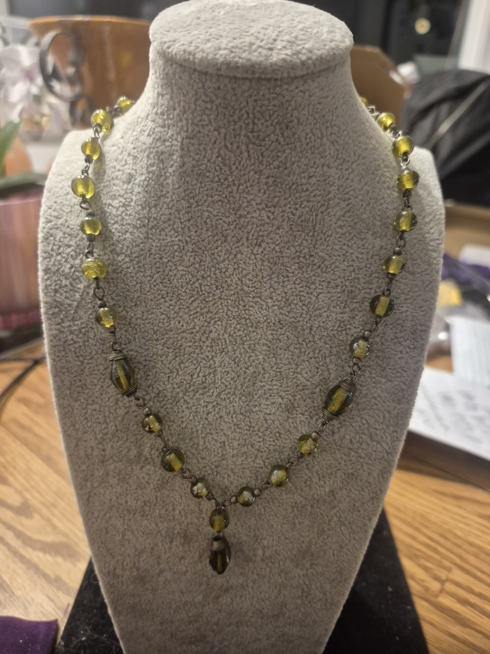 Olive Green Glass Bead Necklace with Drop Accent
